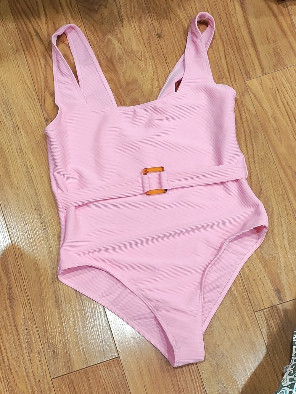 Boohoo Light Pink Scoop-Front One-Piece Swimsuit with Belt Accent